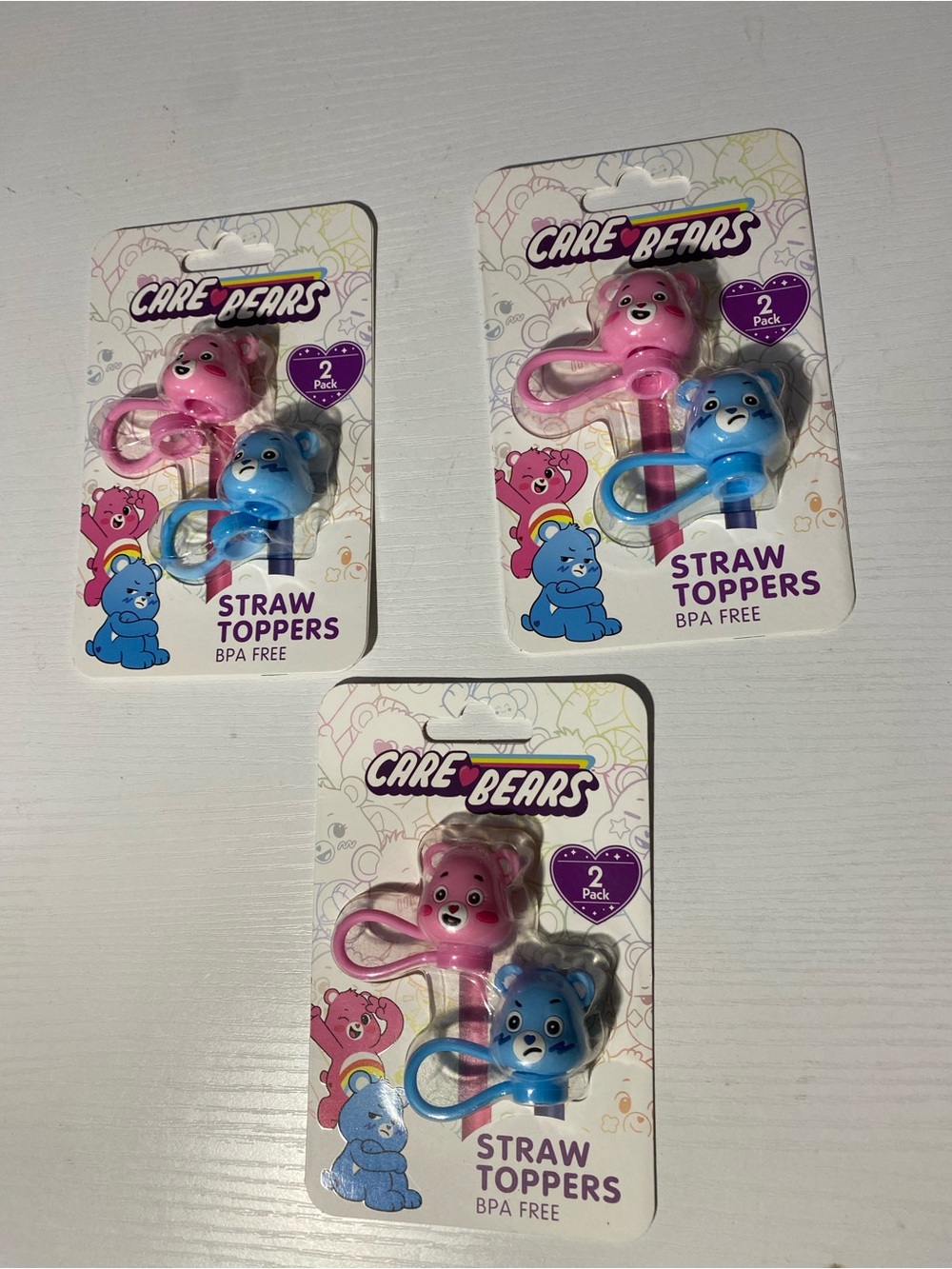Care Bears Straw Toppers Covers 10mm Lot of 3 Packs (6 Total) Pink Blue New